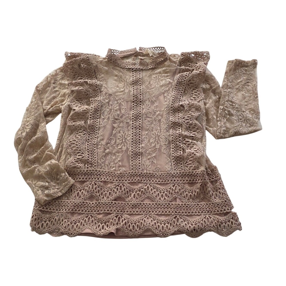 Vintage Adiva Romantic Floral Lace Dusty Rose Blouse Small Long-Sleeve Boho Top